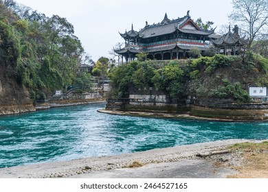 Ten Million Mu Monument in Dujiangyan Irrigation System, near Chengdu, China.Chinese translation：Dujiangyan Irrigation Project - Powered by Shutterstock