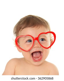 Ten Month Old Baby Boy Wearing Heart Shape Valentine Glasses. 