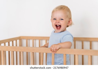 Ten Month Old Baby Standing In Crib With Cheerful Excited Facial Expression, Having Fun Trying To Walk Holding Onto Bed Bumpers. Carefree Childhood