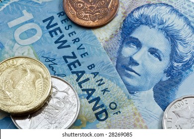 Ten New Zealand Dollar With Coins