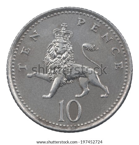 Ten Pence coin isolated over a white background