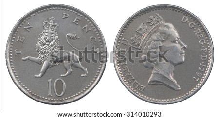 Ten Pence coin isolated over a white background