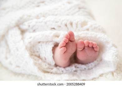 Ten Perfect Toes, Of A Healthy Newborn Baby, Closeup Of Feet Wrapped In A Crochet Blanket