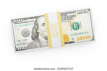Ten Thousand Dollars Stack of One Hundred Dollar Bills Isolated on a White Background.