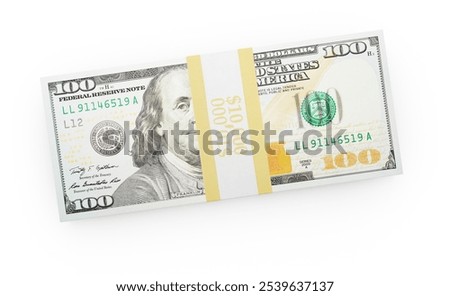 Ten Thousand Dollars Stack of One Hundred Dollar Bills Isolated on a White Background.