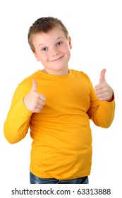 Ten Year Old Boy Showing Thumbs Up Gesture With Smiling Grimace Isolated On White