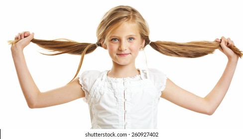 Ten Year Old Caucasian Girl With Long Hair Posing Isolated On White.