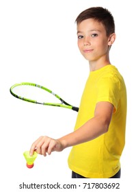 Ten years old boy with tennis racket isolated on white background