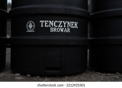 TENCZYNEK, POLAND - SEPTEMBER 24, 2022: Beer Keg Or Cask, With Browar Tenczynek Brand Logo Sign. Aluminium Barrels To Transport And Store Beer. Metal Containers Used At Outdoor Open Air Party Event.