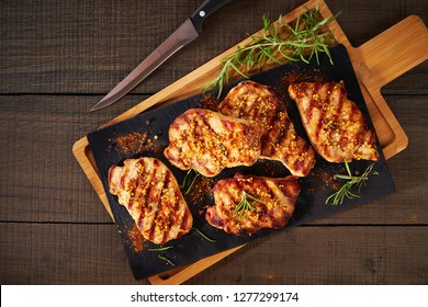 Tender boneless grilled pork chops, top view
