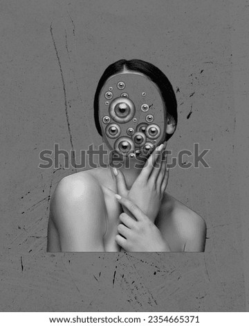 Tender faceless woman with many eyes on head. Black and white image. Witches and magic. Contemporary art collage. Concept of surrealism, Halloween, creepy art, imagination and fantasy. Flyer, ad