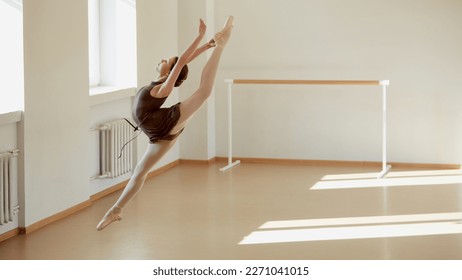 Tender graceful ballerina, teen girl training, dancing on pointe shoes. Model at ballet school on daytime with sunlight. Concept of classical ballet, dance art, education, beauty, choreography - Powered by Shutterstock