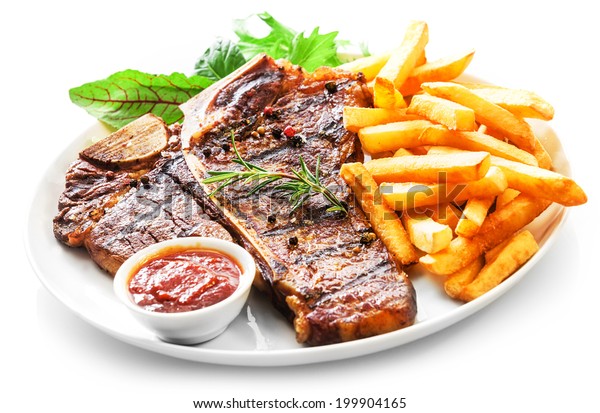 Tender grilled porterhouse or t-bone steak\
served with crisp golden French fries and fresh green herb salad\
accompanied by a BBQ or tomato ketchup\
sauce
