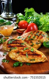 Tender, Juicy Chicken Breast Grilled With Vegetables Ingredients And Dressing For A Warm Salad