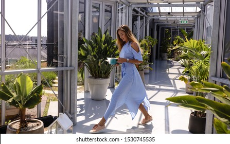 Tender Lovely Lady Having A Rest Alone With The Book In Her Hands. She Want To Widen Her Mind And Know More And More. Long Blonde Hair Lying On The Shoulder. Modern Blue Summer Dress On Her Body