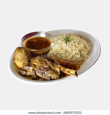 Tender Mutton Leg Served with Aromatic Rice and Spiced Gravy
