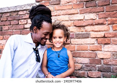 Tender Portrait Of Father And Son, African Daddy And Mixed Race Kid, New Multiracial Family Concept, Diversity, Rastafarian People And Religion, Copy Space