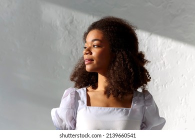 Tender portrait of young african american woman with curly hairstyle standing in sunlight indoors against grey wall, looking aside with gentle smile, sunrays falling on face of smiling black female