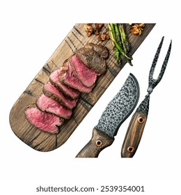 Tender slices of beef rest on a wooden cutting board. Accompanied by grilling tools and garnished with asparagus, it showcases a delightful meal ready to be enjoyed Isolated on white background - Powered by Shutterstock