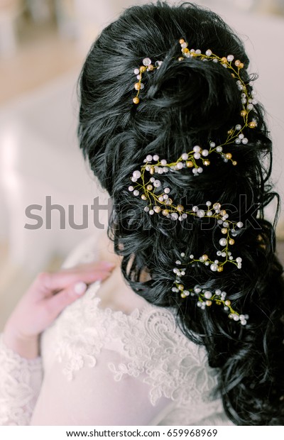 Tender Wedding Hairstyle Accessories Elegant Brunette Stock