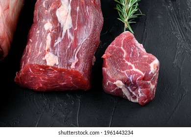 Tenderloin, Or Eye Fillet Cut Raw Marbled Beef Meat Set, On Black Stone Background