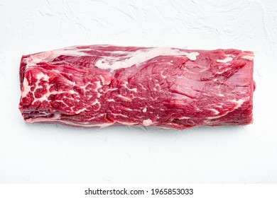 Tenderloin, Or Eye Fillet Cut Raw Marbled Beef Meat Set, On White Stone Background, Top View Flat Lay