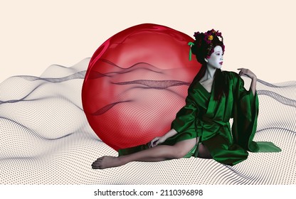 Tenderness. Artwork. Young japanese woman as geisha isolated on absract colorful background. Japanese style, contemporary art collage, Concept of beauty, fashion, art, ad