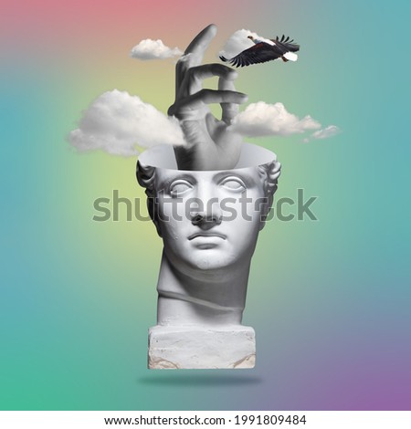 Tenderness. Contemporary art collage with plaster head statue and human hands isolated on light blue background. Copy space for design. Vibrant colors. Gray, blue and yellow.