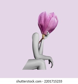 Tenderness and ease of movement. Female body with pink flower instead head over light background. Contemporary art collage. Woman's health, care, love. Surrealism, minimalism. Copy space for ad