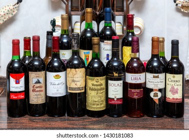 Tenerife, Spain, December 24, 2019: Bottles Of Spanish Wine In The Restaurant