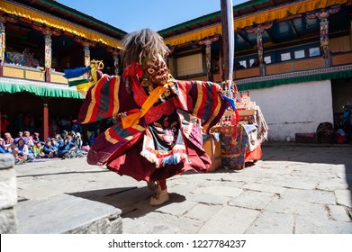Tengboche, Nepal - October, 26, 2018: The monks perform religious masked buddhistic dance during the Mani Rimdu festival in Tengboche Monastery