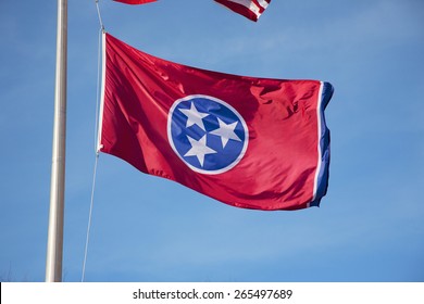 Tennessee State Flag In Blue Sky, Nashville, Tennessee 