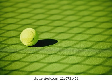 Tennis ball, court shadow and green texture of grass turf game with no people. Sports, empty sport training ground and lawn object zoom of shadow for workout, exercise and fitness for a match outdoor - Powered by Shutterstock