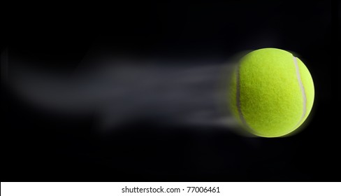 Tennis ball fast moving on black background leaving trail behind
