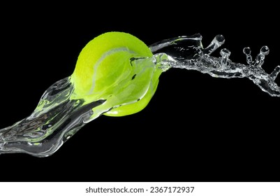 Tennis ball hit water and splash in air. Green Tennis ball fly in rain and splatter spin splash in droplet water. Black background Isolated series two of images - Powered by Shutterstock