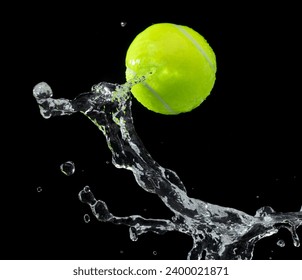 Tennis ball hit water and splash in air. Green Tennis ball fly in rain and splatter spin splash in droplet water. Black background isolated freeze action - Powered by Shutterstock