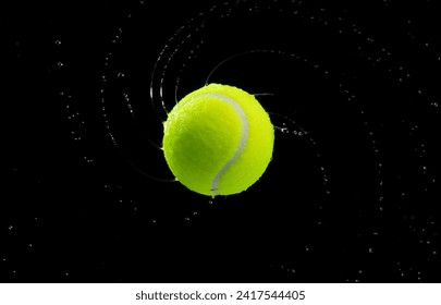 Tennis ball hit water and splash in air. Green Tennis ball fly in rain and splatter spin splash in droplet water. Black background isolated freeze action - Powered by Shutterstock