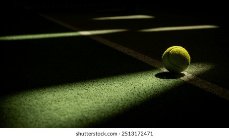 Tennis ball lies on the line on a tennis court in a tennis hall