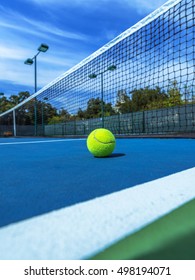 Tennis Ball on Blue Court, Doubles Sideline and Net