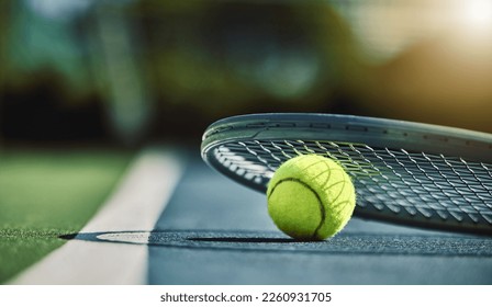 Tennis ball, racket and court ground with mockup space, blurred background or outdoor sunshine. Summer, sports equipment and mock up for training, fitness and exercise at game, contest or competition - Powered by Shutterstock