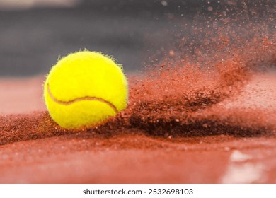 Tennis ball striking red clay court with dynamic flair - Powered by Shutterstock