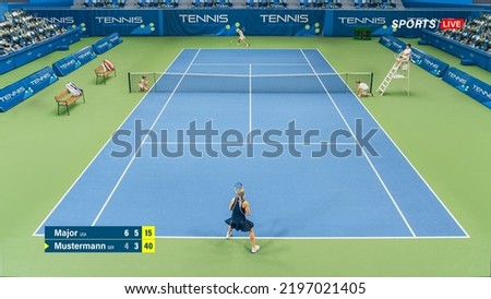 Tennis Championship Match Sports TV Broadcast Montage. Two Female Tennis Players Compete. Professional Women Athletes on World Sports Tournament. Network Channel Television With Audience.