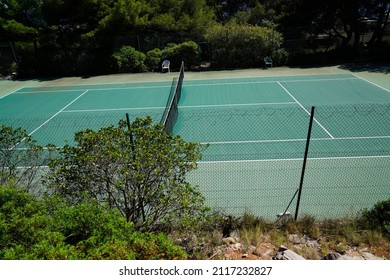 Tennis Court Empty Green Floor With Sport Net In Private House Garden Outdoor Home