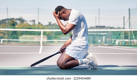 Tennis court, mistake and black man with depression, stress and mental health problem of anxiety after sports training, workout and exercise. Athlete model sad after loss, failure and burnout outdoor - Powered by Shutterstock