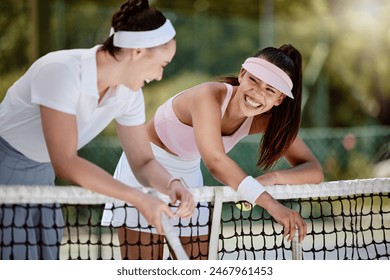 Tennis court, talking and sports women or friends with game strategy, workout and goals for padel training. Happy athlete or padel tennis team in a conversation for competition support and motivation - Powered by Shutterstock