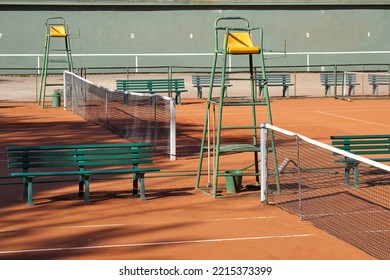 Tennis Courts For Outdoor Training. Empty Orange Clay Tennis Court.