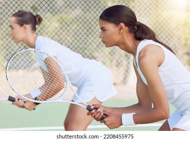 Tennis, Doubles Match And Focus Women Ready To Start Game, Competition And Tournament Play In Melbourne, Australia Sports Court Outdoors. Players Teamwork, Racket Bat And Athletes Training Challenge