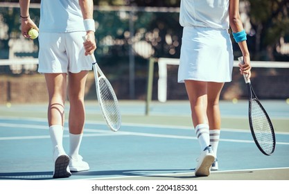 Tennis, fitness and friends walking on court to start a competitive game outdoors in summer together. Sports, woman and players ready for cardio workout, training and healthy exercise at country club - Powered by Shutterstock