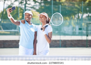 Tennis, friends and selfie at court for training, match or exercise on blurred background. Sports, women and social media influencer smile for photo, profile picture or blog while live streaming - Powered by Shutterstock