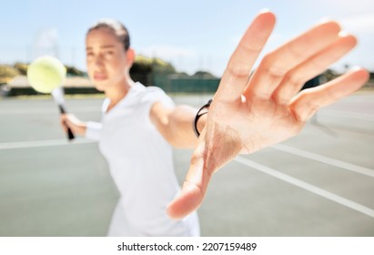 Tennis Game, Sports And Hand Of Woman Ready To Start Fitness, Workout Or Training Exercise For Match Competition. Motivation, Tennis Court And Young Girl, Player Or Athlete Hitting A Tennis Ball